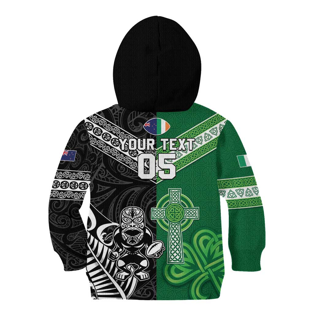 New Zealand And Ireland Rugby Custom Kid Hoodie Maori Tiki With Shamrock