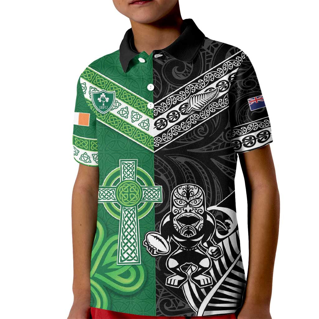 New Zealand And Ireland Rugby Custom Kid Polo Shirt Maori Tiki With Shamrock