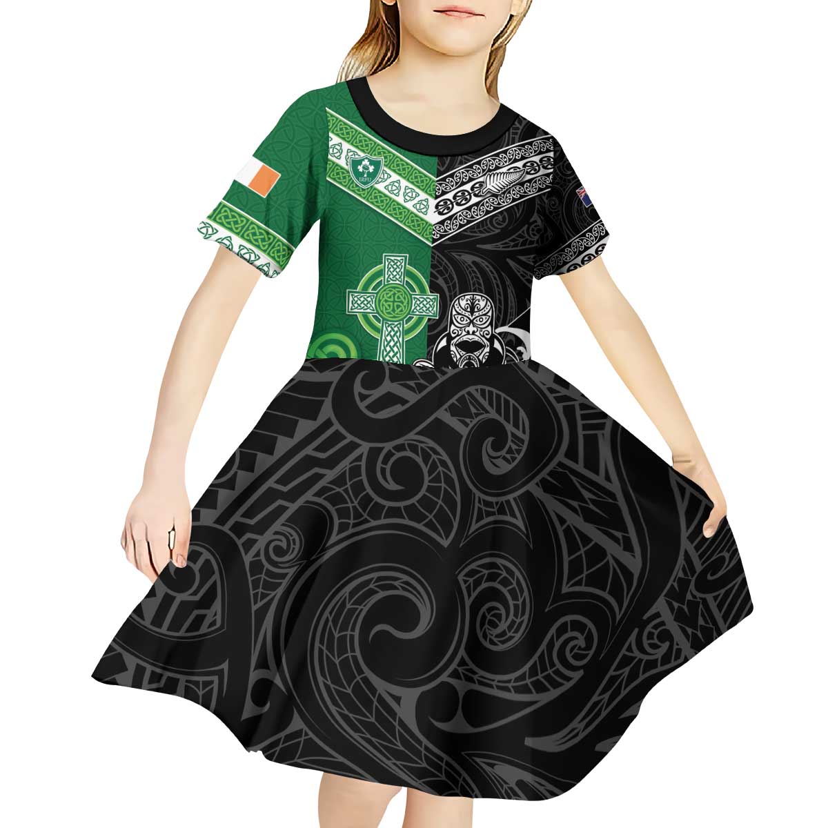 New Zealand And Ireland Rugby Custom Kid Short Sleeve Dress Maori Tiki With Shamrock