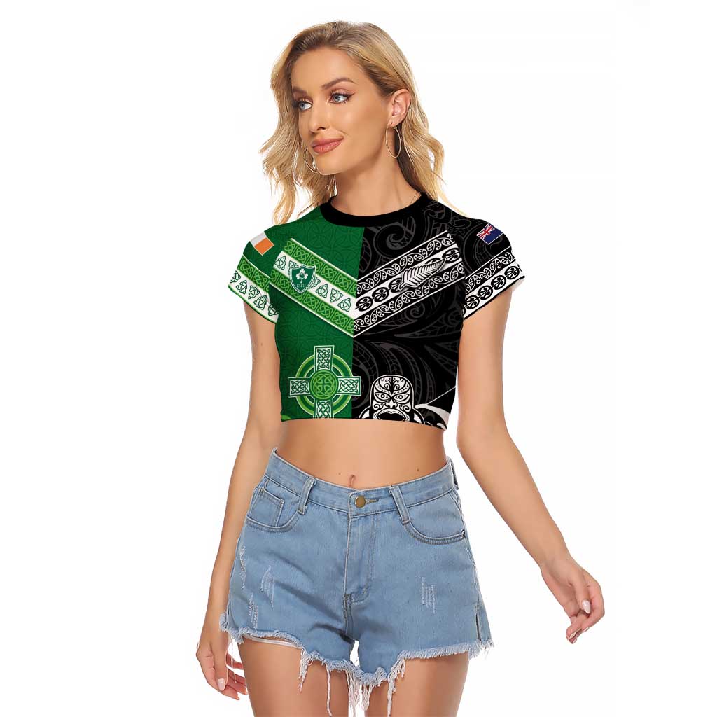 New Zealand And Ireland Rugby Custom Raglan Cropped T Shirt Maori Tiki With Shamrock
