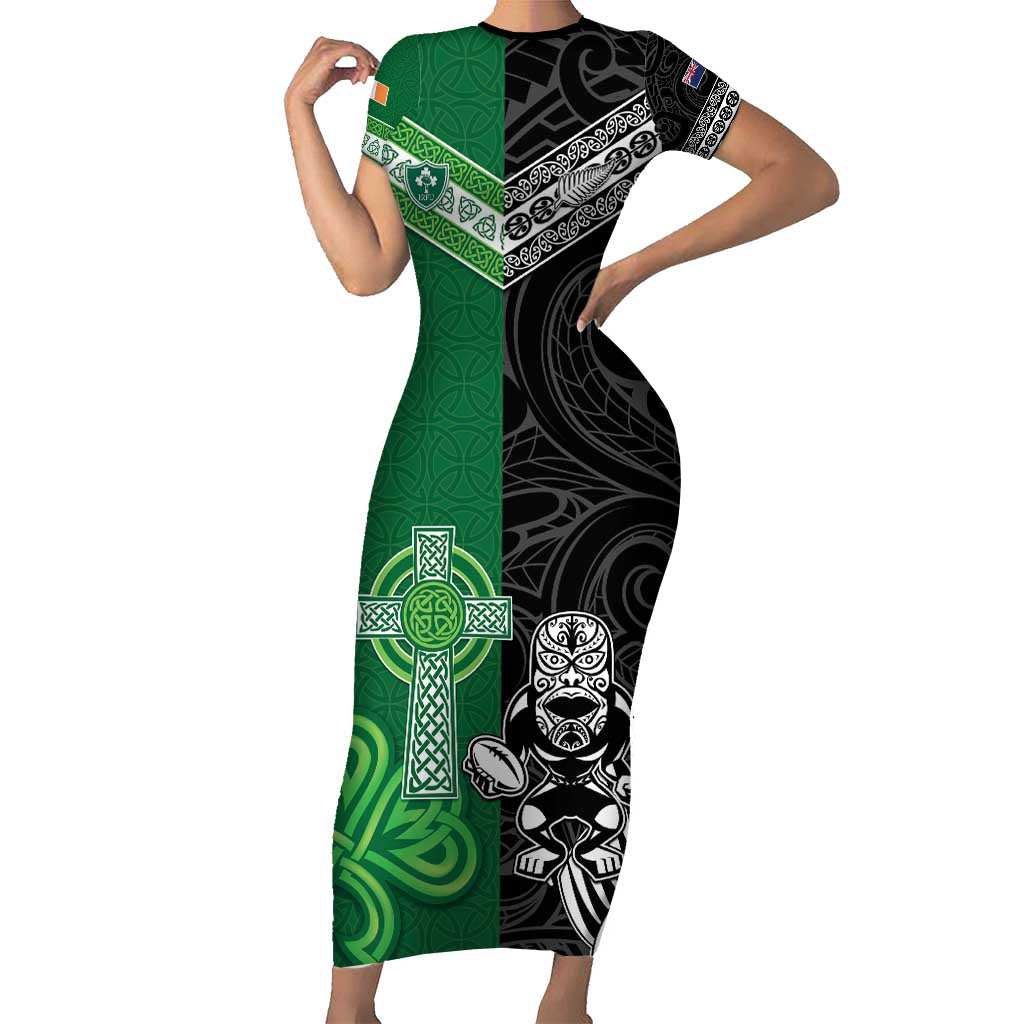 New Zealand And Ireland Rugby Custom Short Sleeve Bodycon Dress Maori Tiki With Shamrock