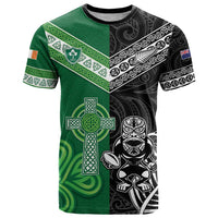 New Zealand And Ireland Rugby Custom T Shirt Maori Tiki With Shamrock