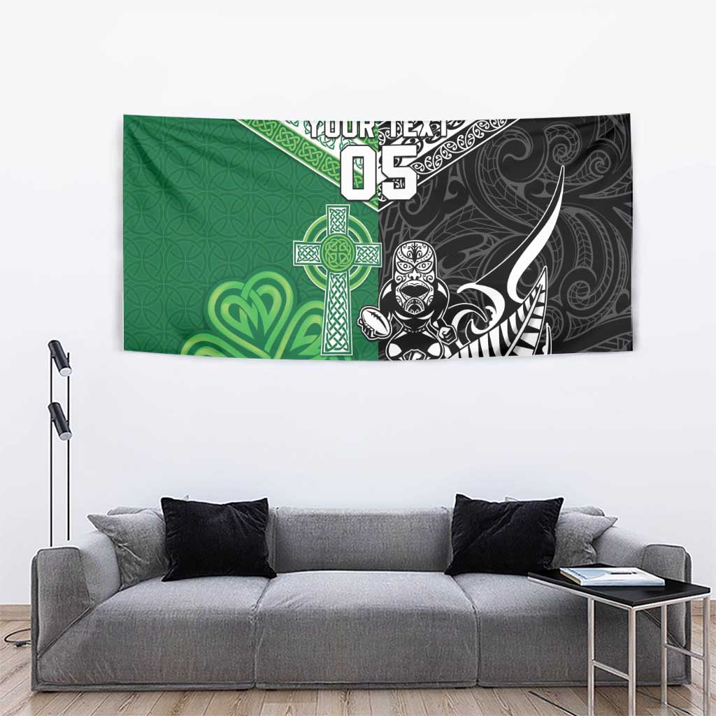 New Zealand And Ireland Rugby Custom Tapestry Maori Tiki With Shamrock