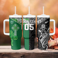 New Zealand And Ireland Rugby Custom Tumbler With Handle Maori Tiki With Shamrock