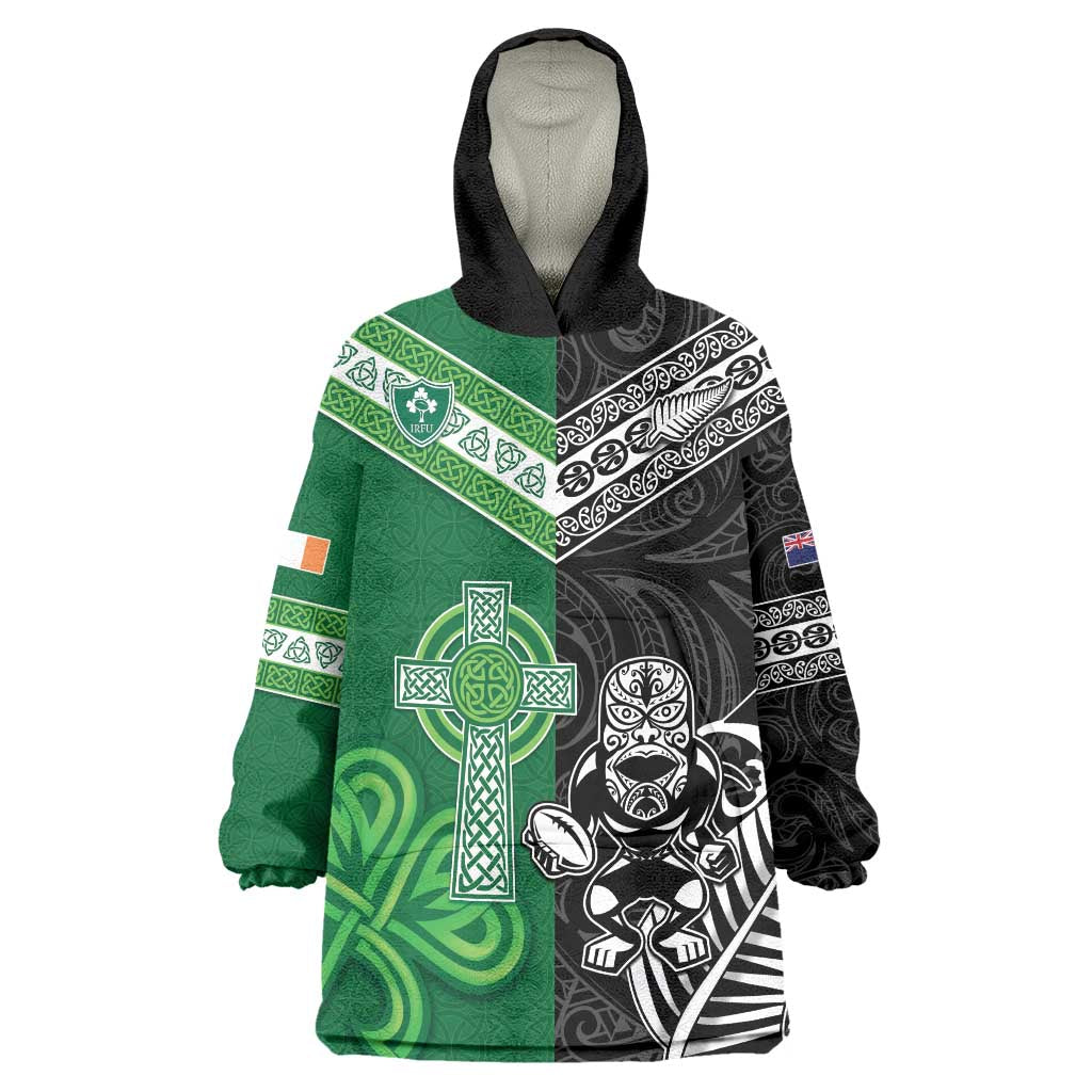 New Zealand And Ireland Rugby Custom Wearable Blanket Hoodie Maori Tiki With Shamrock