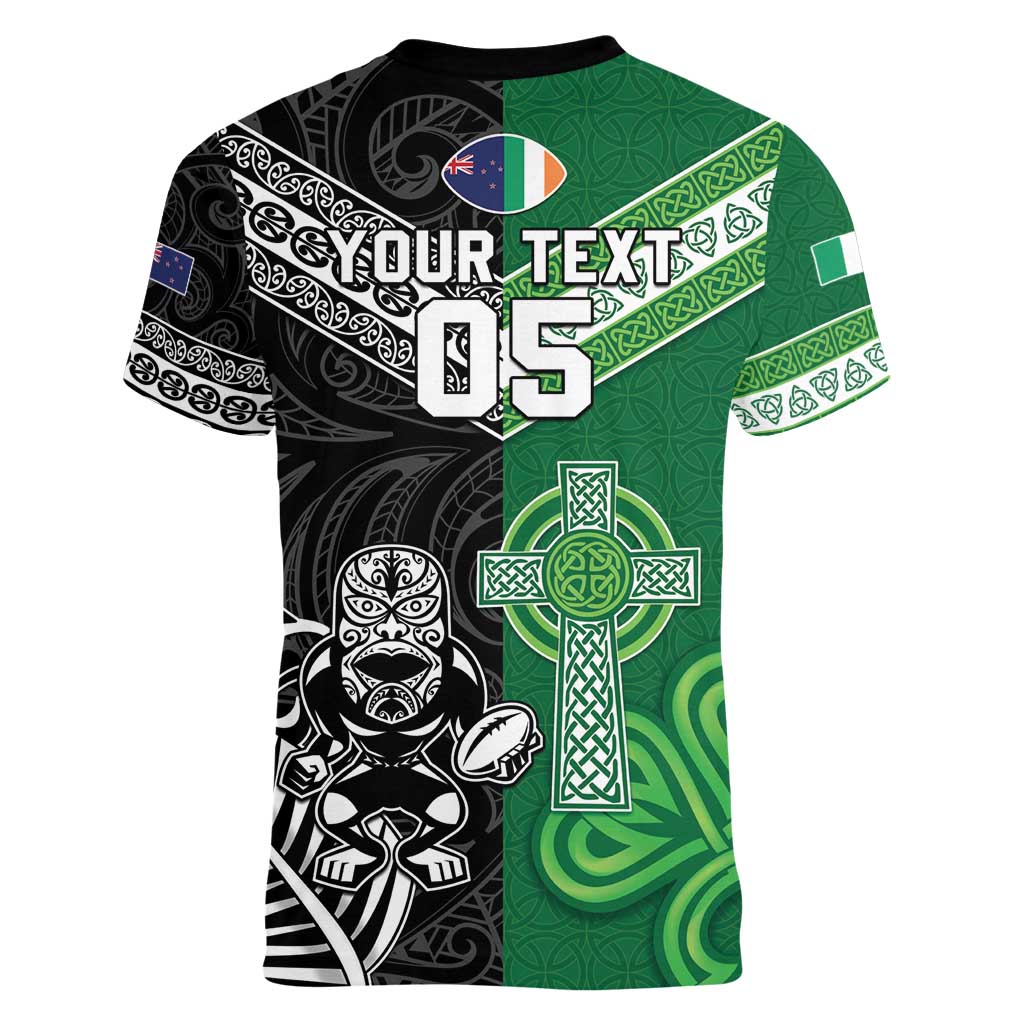 New Zealand And Ireland Rugby Custom Women V-Neck T-Shirt Maori Tiki With Shamrock