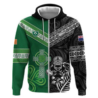 New Zealand And Ireland Rugby Custom Zip Hoodie Maori Tiki With Shamrock