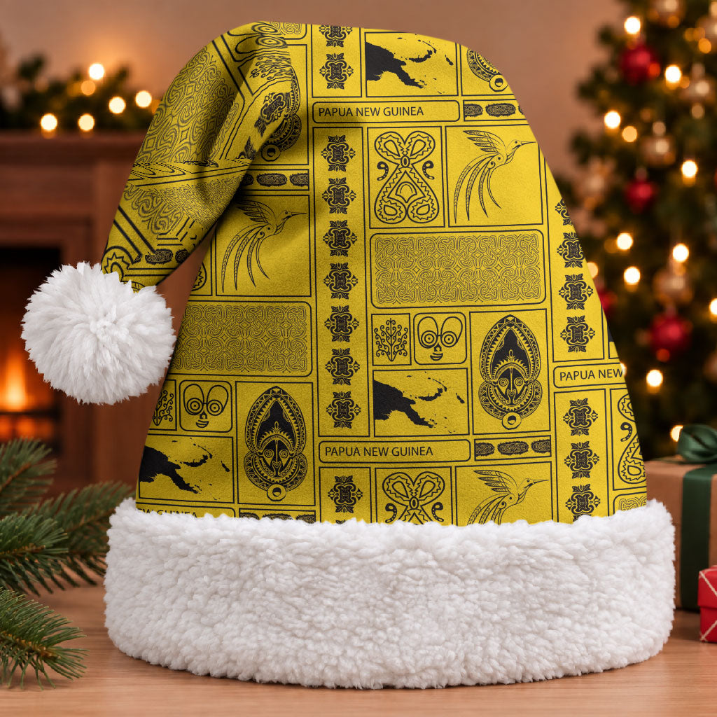 Papua New Guinea Heritage Motif Christmas Santa Hat Yellow Version LT05 With Fur Yellow - Polynesian Pride