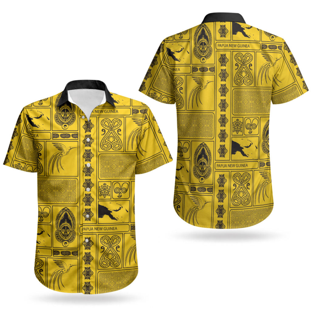 Papua New Guinea Heritage Motif Couples Matching Long Sleeve Bodycon Dress and Hawaiian Shirt Yellow Version LT05 - Polynesian Pride