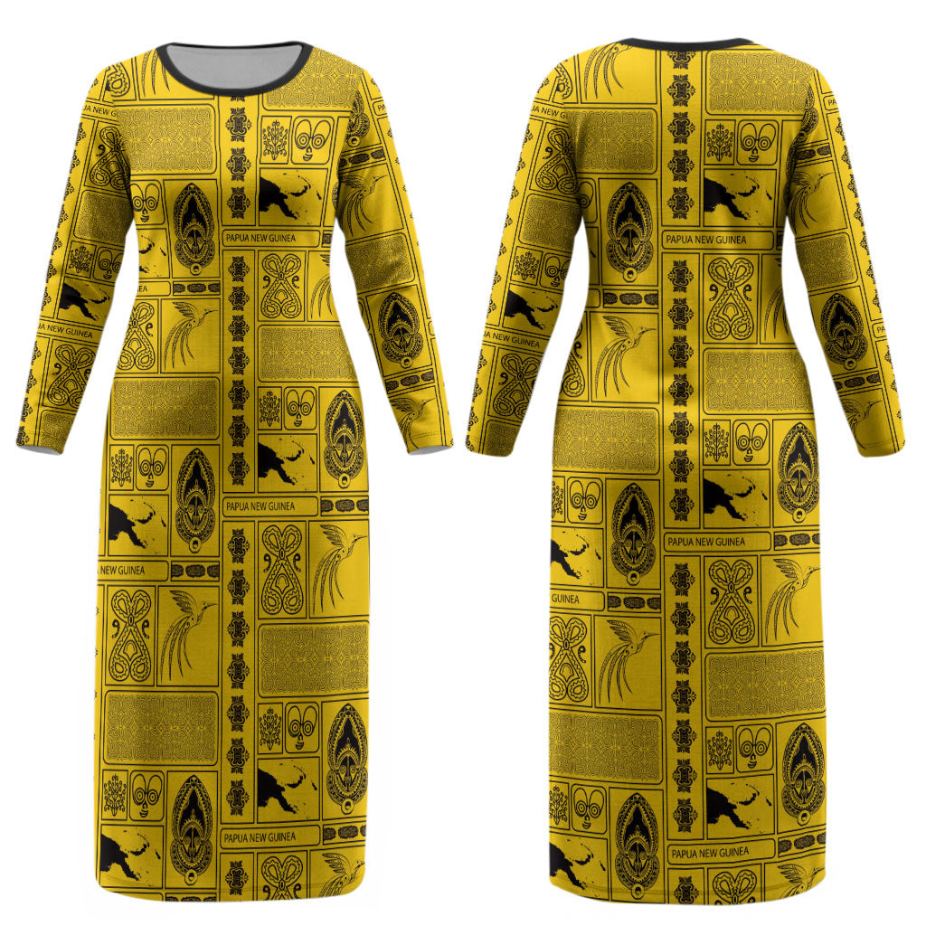Papua New Guinea Heritage Motif Couples Matching Long Sleeve Bodycon Dress and Hawaiian Shirt Yellow Version LT05 - Polynesian Pride
