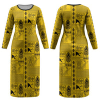 Papua New Guinea Heritage Motif Couples Matching Long Sleeve Bodycon Dress and Hawaiian Shirt Yellow Version LT05 - Polynesian Pride