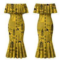 Papua New Guinea Heritage Motif Couples Matching Mermaid Dress and Hawaiian Shirt Yellow Version LT05 - Polynesian Pride