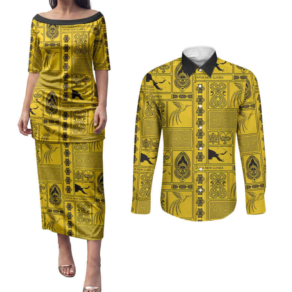 Papua New Guinea Heritage Motif Couples Matching Puletasi and Long Sleeve Button Shirt Yellow Version