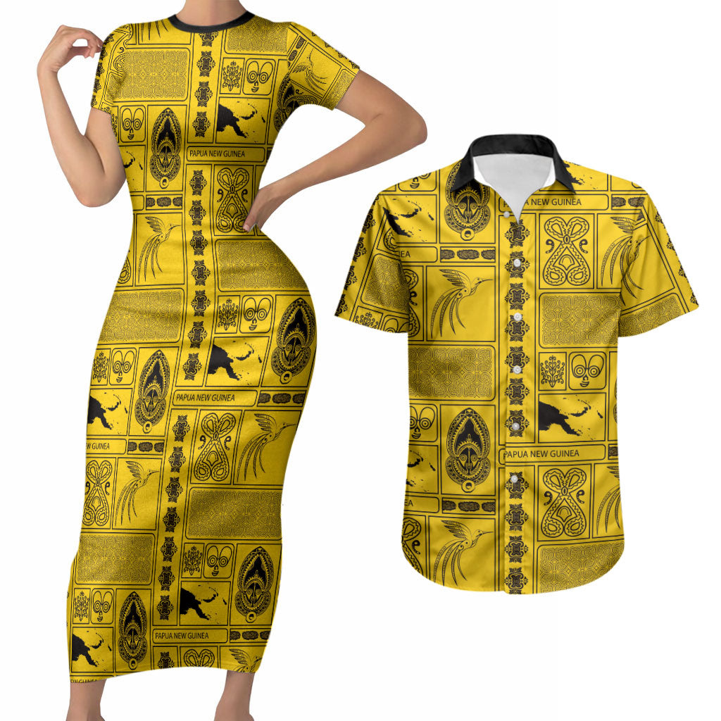 Papua New Guinea Heritage Motif Couples Matching Short Sleeve Bodycon Dress and Hawaiian Shirt Yellow Version