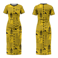 Papua New Guinea Heritage Motif Couples Matching Short Sleeve Bodycon Dress and Hawaiian Shirt Yellow Version LT05 - Polynesian Pride