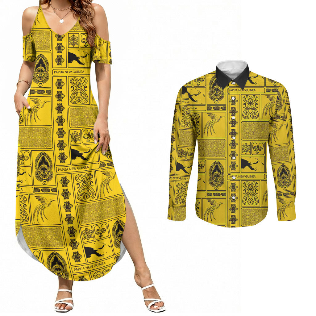 Papua New Guinea Heritage Motif Couples Matching Summer Maxi Dress and Long Sleeve Button Shirt Yellow Version