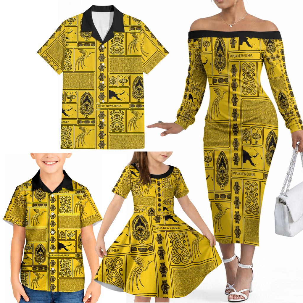 Papua New Guinea Heritage Motif Family Matching Off The Shoulder Long Sleeve Dress and Hawaiian Shirt Yellow Version