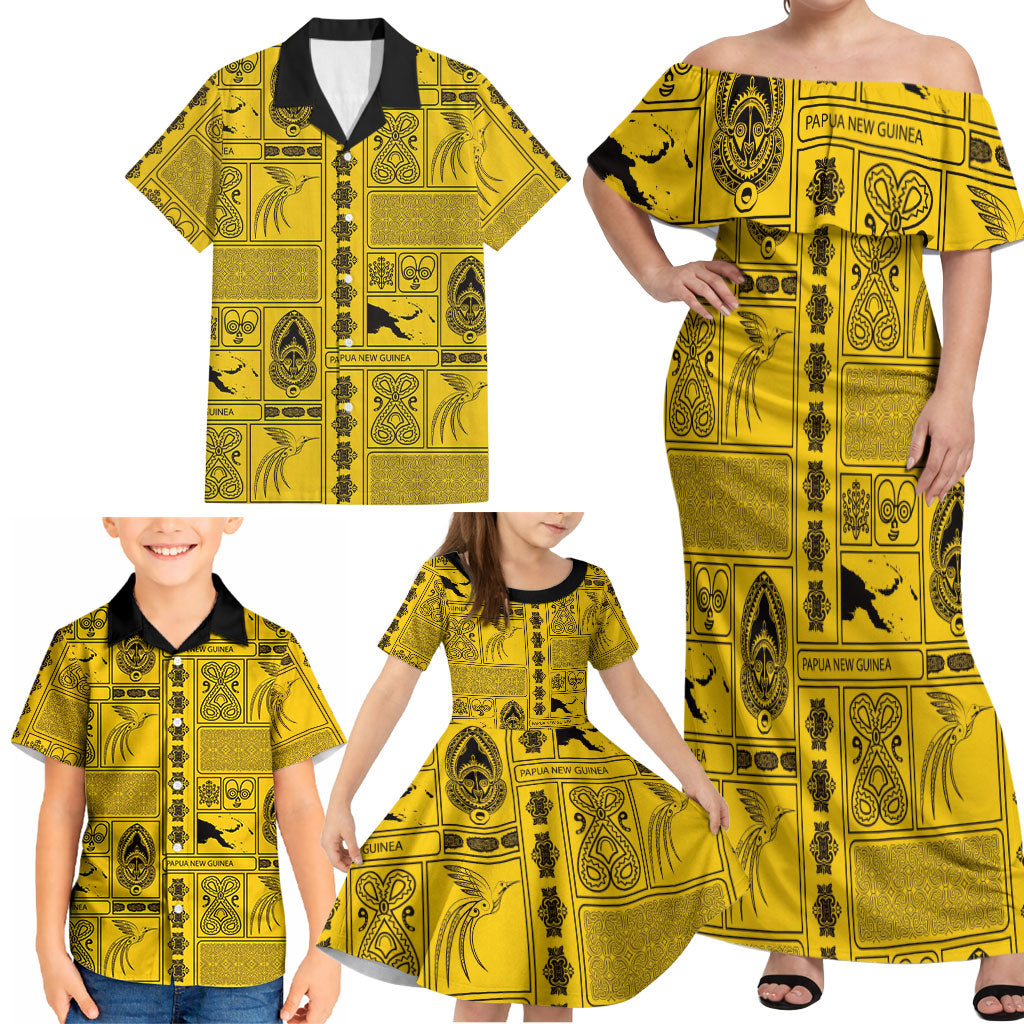 Papua New Guinea Heritage Motif Family Matching Off Shoulder Maxi Dress and Hawaiian Shirt Yellow Version