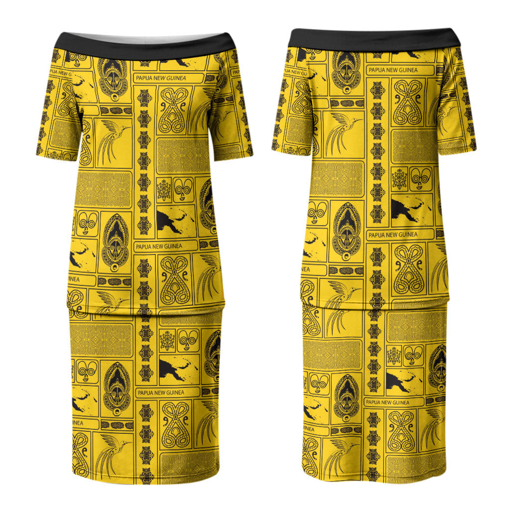 Papua New Guinea Heritage Motif Family Matching Puletasi and Hawaiian Shirt Yellow Version LT05 Mom's Dress Yellow - Polynesian Pride
