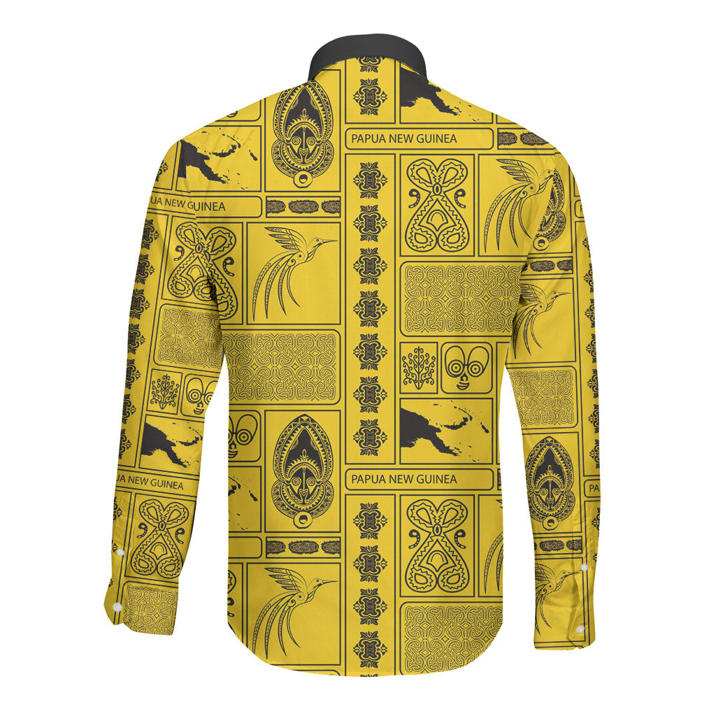Papua New Guinea Heritage Motif Long Sleeve Button Shirt Yellow Version LT05 - Polynesian Pride