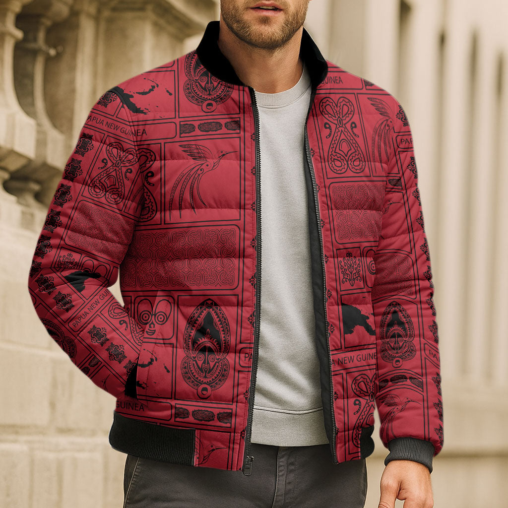Papua New Guinea Heritage Motif Bomber Puffer Jacket Red Version LT05 - Polynesian Pride