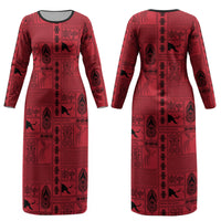Papua New Guinea Heritage Motif Couples Matching Long Sleeve Bodycon Dress and Hawaiian Shirt Red Version LT05 - Polynesian Pride