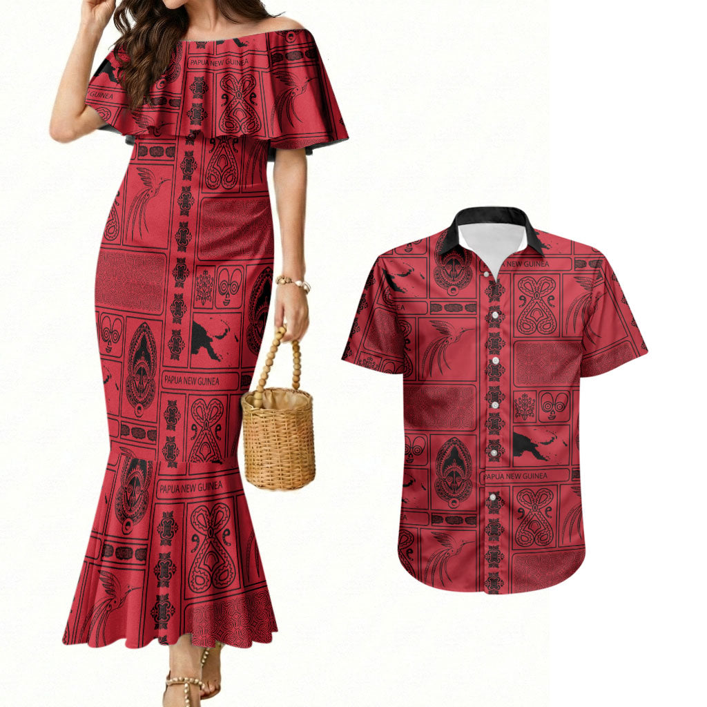 Papua New Guinea Heritage Motif Couples Matching Mermaid Dress and Hawaiian Shirt Red Version