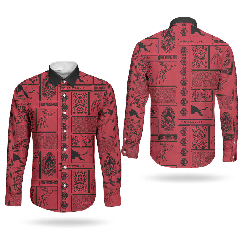 Papua New Guinea Heritage Motif Couples Matching Off Shoulder Maxi Dress and Long Sleeve Button Shirt Red Version LT05 - Polynesian Pride