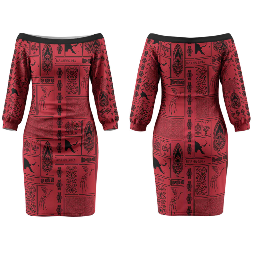 Papua New Guinea Heritage Motif Couples Matching Off The Shoulder Long Sleeve Dress and Hawaiian Shirt Red Version LT05 - Polynesian Pride