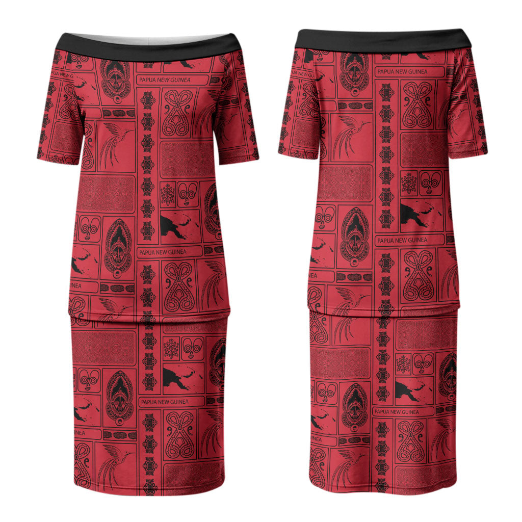 Papua New Guinea Heritage Motif Couples Matching Puletasi and Hawaiian Shirt Red Version LT05 - Polynesian Pride
