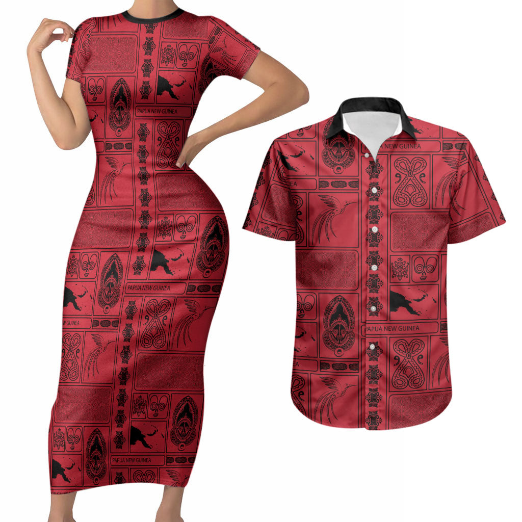 Papua New Guinea Heritage Motif Couples Matching Short Sleeve Bodycon Dress and Hawaiian Shirt Red Version