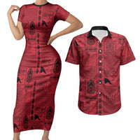 Papua New Guinea Heritage Motif Couples Matching Short Sleeve Bodycon Dress and Hawaiian Shirt Red Version LT05 Red - Polynesian Pride