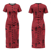 Papua New Guinea Heritage Motif Couples Matching Short Sleeve Bodycon Dress and Hawaiian Shirt Red Version LT05 - Polynesian Pride
