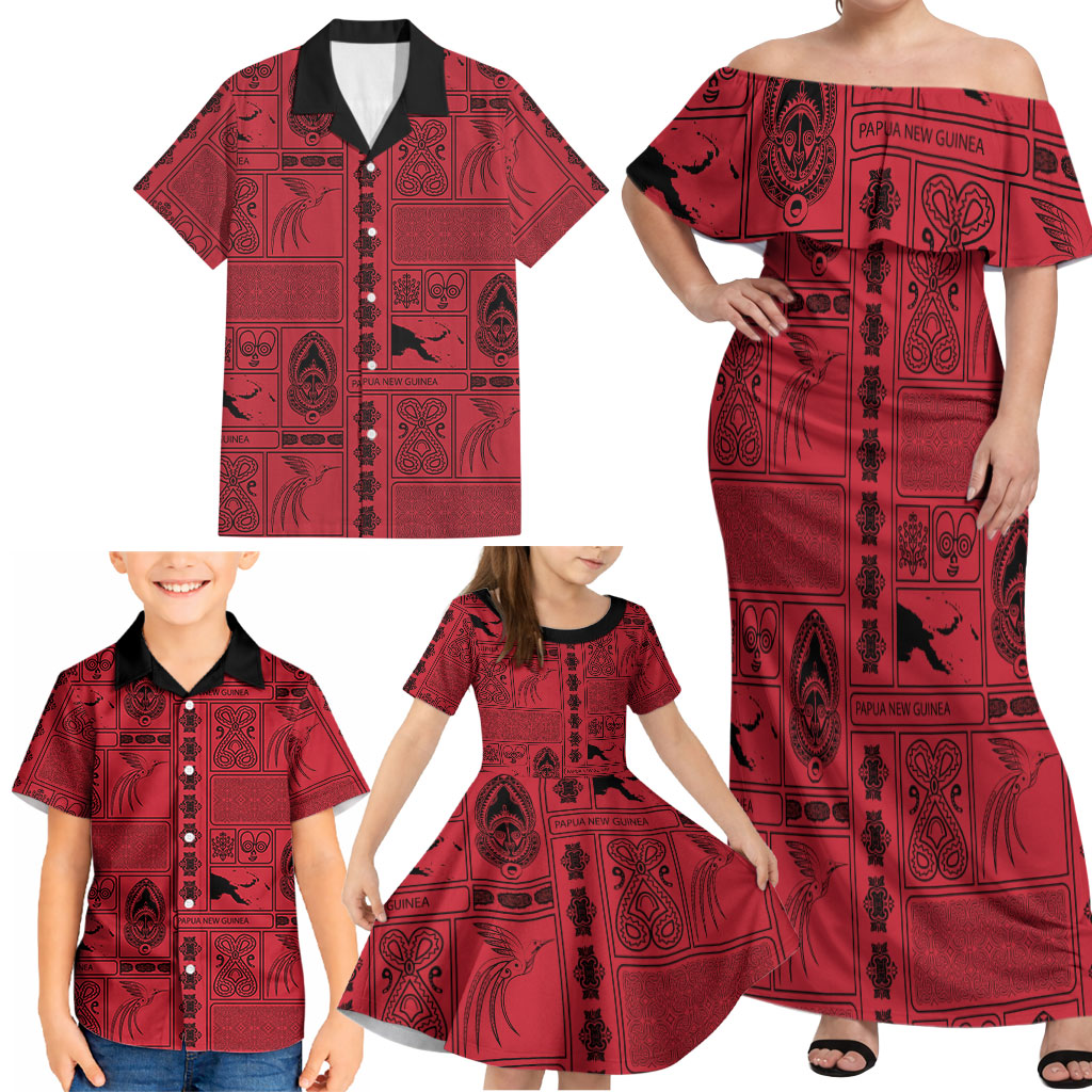 Papua New Guinea Heritage Motif Family Matching Off Shoulder Maxi Dress and Hawaiian Shirt Red Version