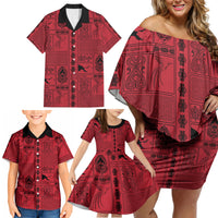 Papua New Guinea Heritage Motif Family Matching Off Shoulder Short Dress and Hawaiian Shirt Red Version LT05 - Polynesian Pride
