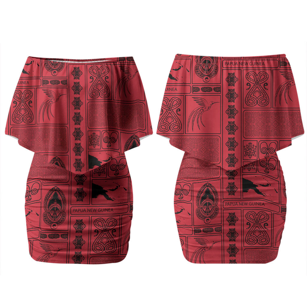 Papua New Guinea Heritage Motif Family Matching Off Shoulder Short Dress and Hawaiian Shirt Red Version LT05 Mom's Dress Red - Polynesian Pride