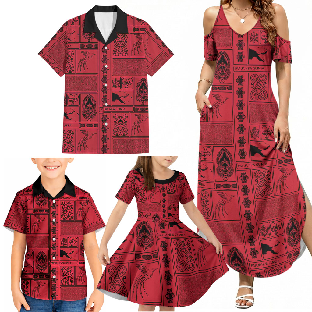 Papua New Guinea Heritage Motif Family Matching Summer Maxi Dress and Hawaiian Shirt Red Version LT05 - Polynesian Pride