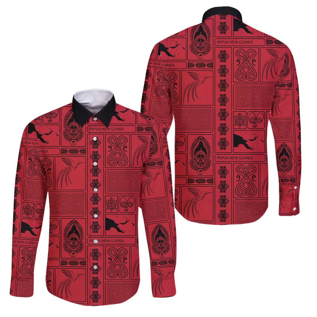 Papua New Guinea Heritage Motif Family Matching Summer Maxi Dress and Hawaiian Shirt Red Version LT05 Dad's Shirt - Long Sleeve Red - Polynesian Pride