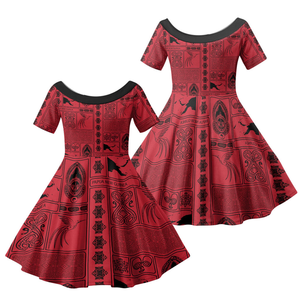 Papua New Guinea Heritage Motif Family Matching Summer Maxi Dress and Hawaiian Shirt Red Version LT05 Daughter's Dress Red - Polynesian Pride
