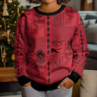 Papua New Guinea Heritage Motif Kid Ugly Christmas Sweater Red Version LT05 - Polynesian Pride