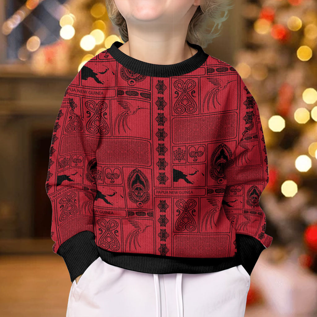 Papua New Guinea Heritage Motif Kid Ugly Christmas Sweater Red Version LT05 - Polynesian Pride