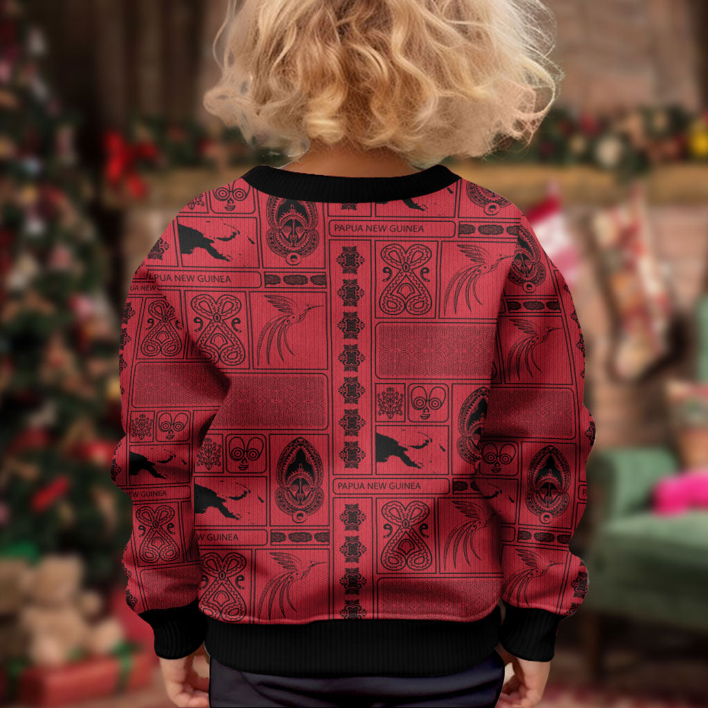 Papua New Guinea Heritage Motif Kid Ugly Christmas Sweater Red Version LT05 - Polynesian Pride