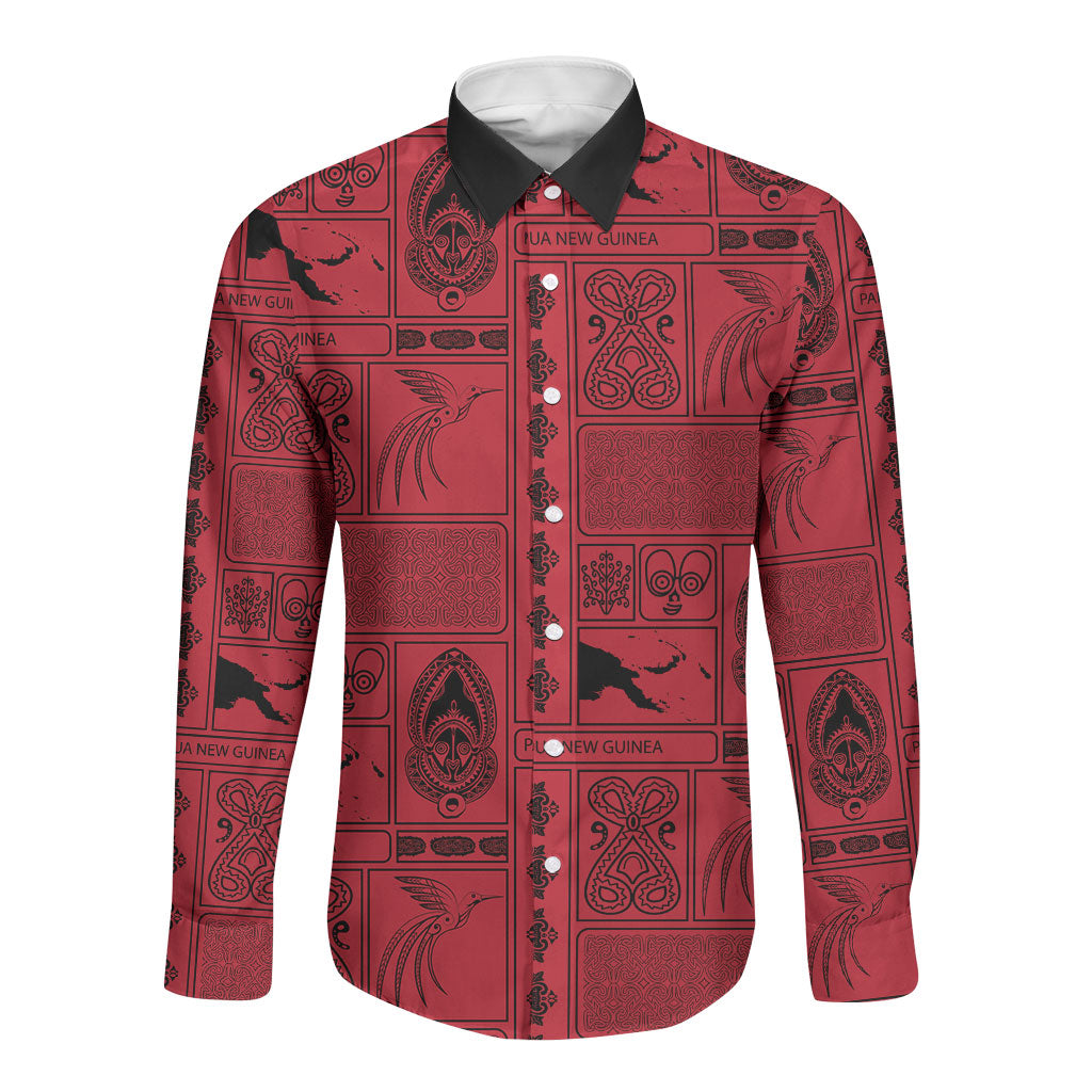 Papua New Guinea Heritage Motif Long Sleeve Button Shirt Red Version