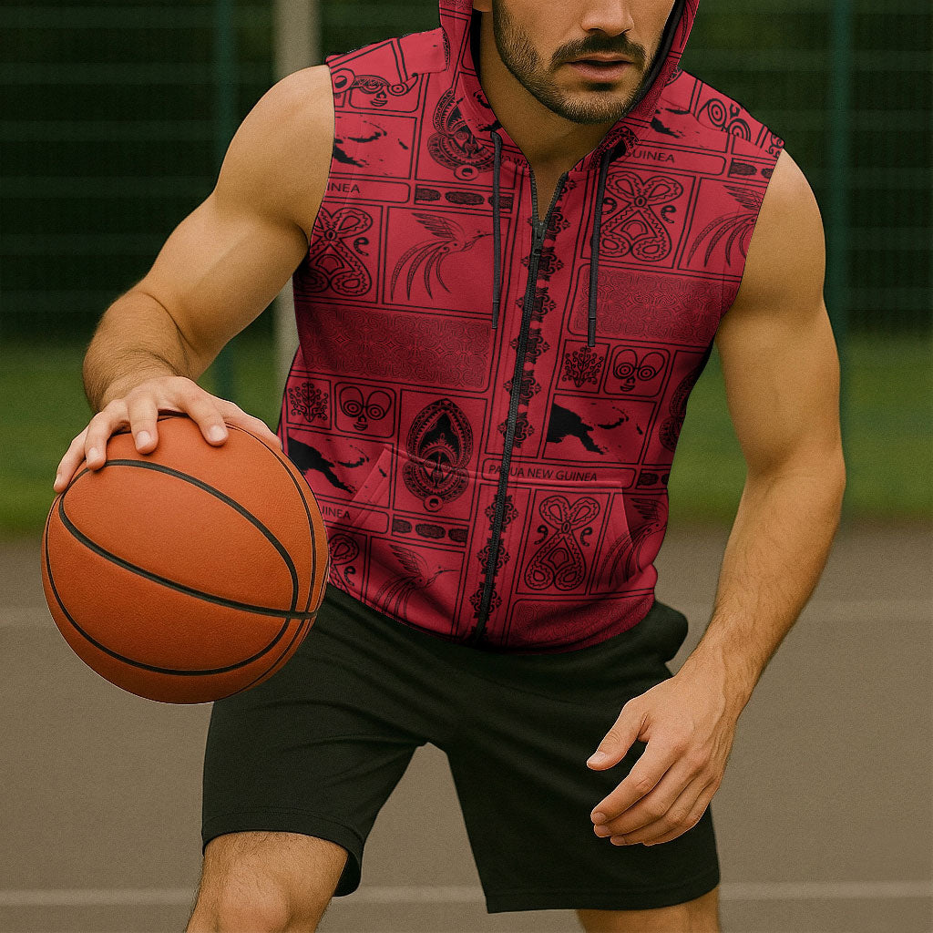 Papua New Guinea Heritage Motif Sleeveless Zip Hoodie Red Version LT05 - Polynesian Pride