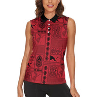 Papua New Guinea Heritage Motif Women Sleeveless Polo Shirt Red Version LT05 - Polynesian Pride