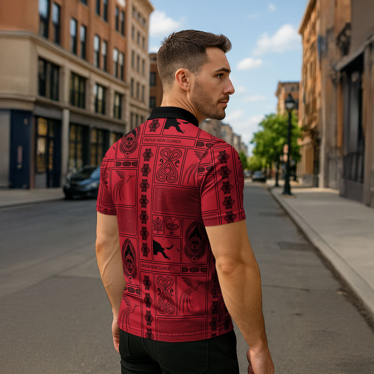 Papua New Guinea Heritage Motif Zipper Polo Shirt Red Version LT05 - Polynesian Pride