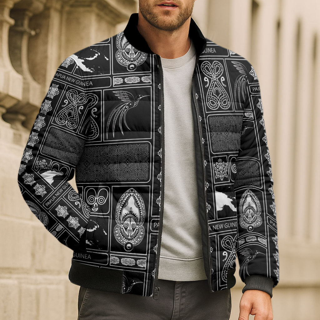 Papua New Guinea Heritage Motif Bomber Puffer Jacket Black Version LT05 - Polynesian Pride