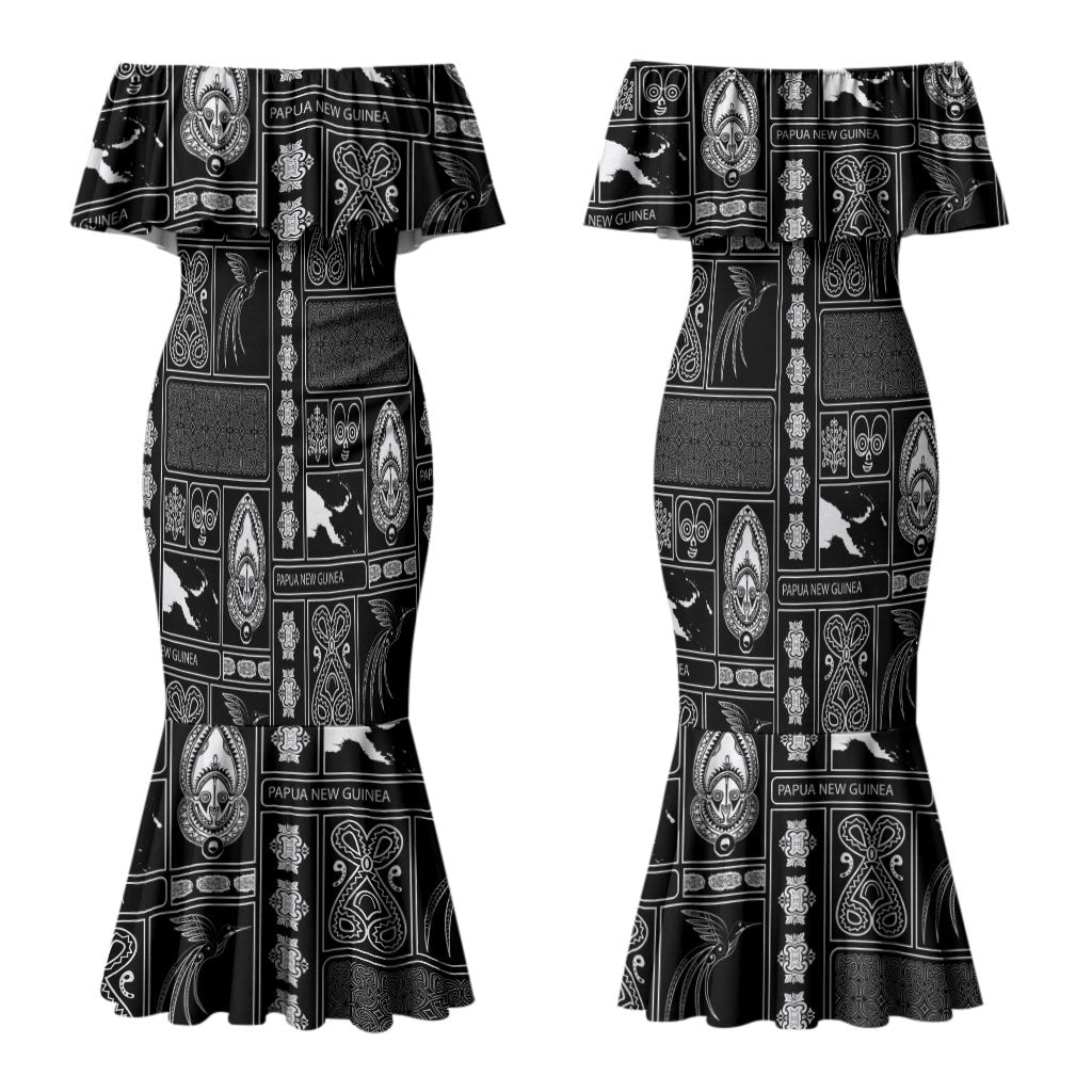 Papua New Guinea Heritage Motif Couples Matching Mermaid Dress and Long Sleeve Button Shirt Black Version LT05 - Polynesian Pride