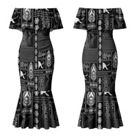 Papua New Guinea Heritage Motif Couples Matching Mermaid Dress and Long Sleeve Button Shirt Black Version LT05 - Polynesian Pride