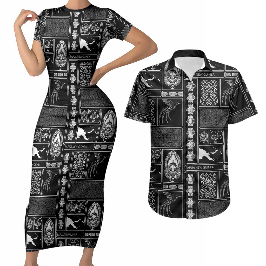 Papua New Guinea Heritage Motif Couples Matching Short Sleeve Bodycon Dress and Hawaiian Shirt Black Version LT05 Black - Polynesian Pride